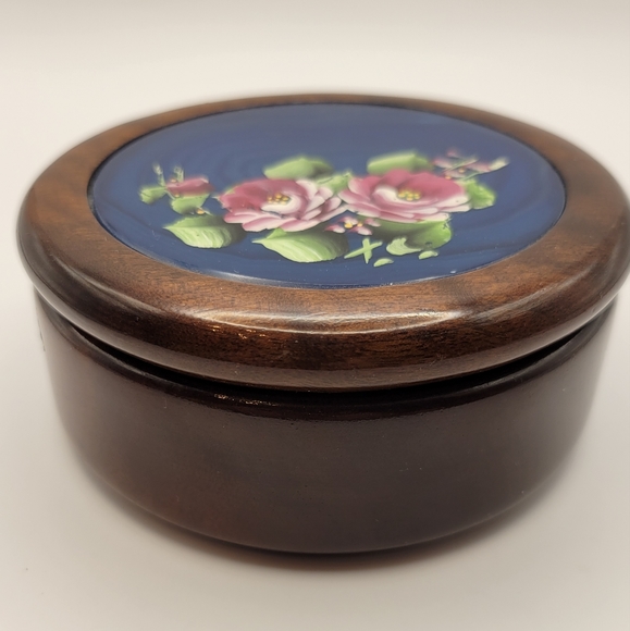 Vintage Woodstone Lined trikent Box with Handpainted Flowers/ Natural Agate Lid - Picture 3 of 7